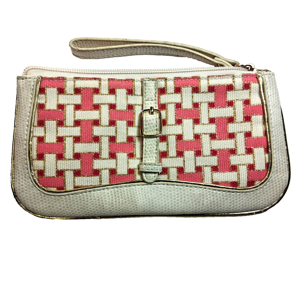 Joan Rivers Beauty Makeup Bag Cosmetic Wristlet 8" Pink/Ivory Buckle PreOwned